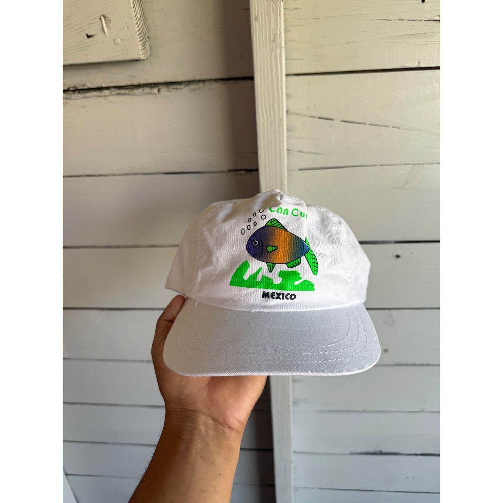 Vintage Cancun Mexico Souvenir Snapback Hat White Tropical Fish Embroidered Cap